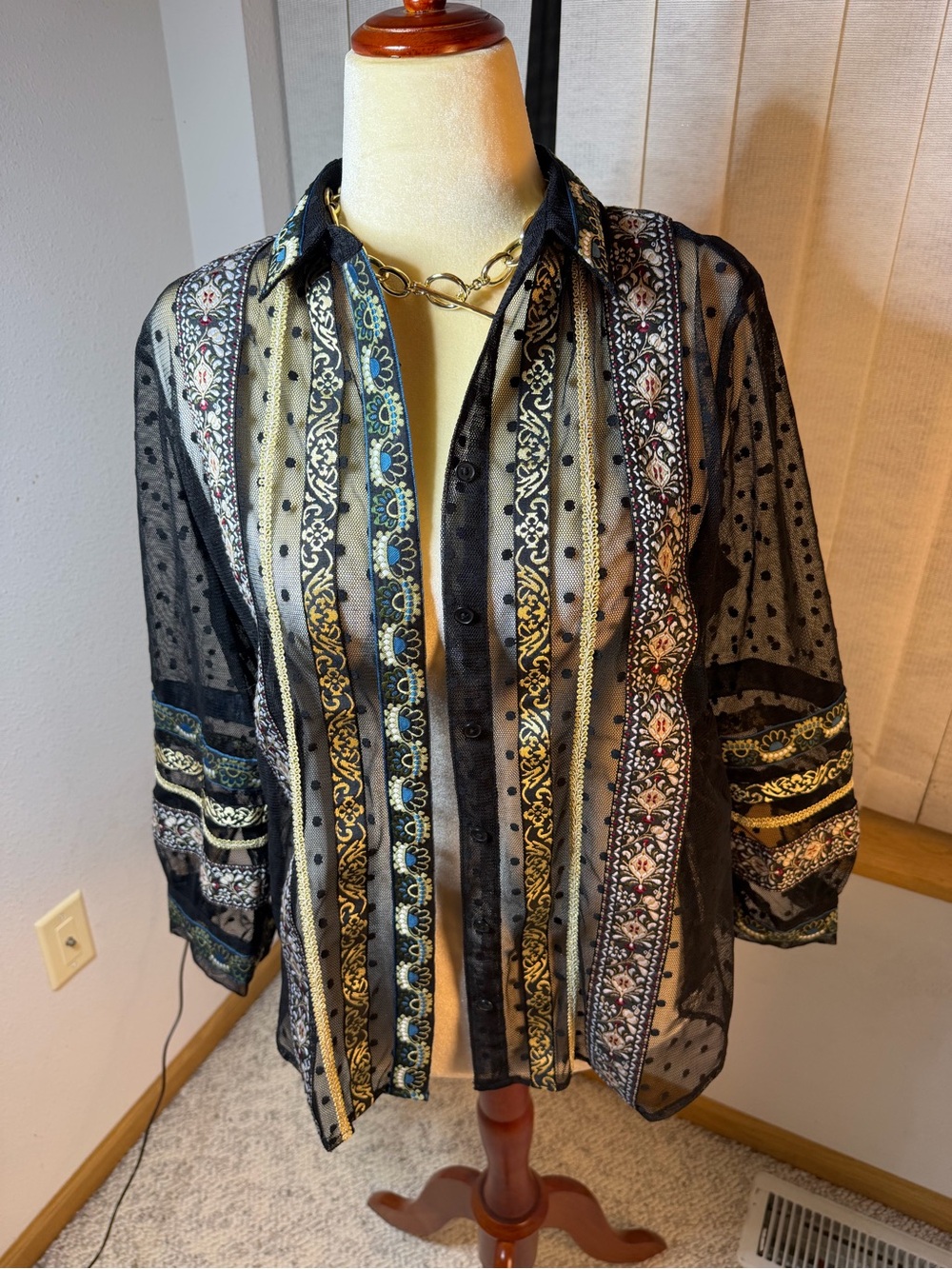 Chico's Black Sheer Embroidered Button-Front Blouse with Gold and Blue Accents